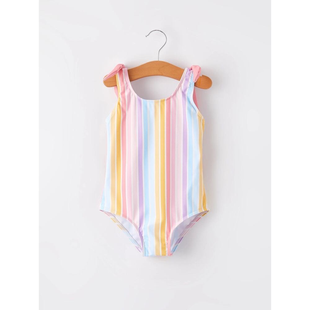 Rylee Faith Designs Girls 2T Swimsuit One Piece Rainbow Stripe Bow Shoulder NWT